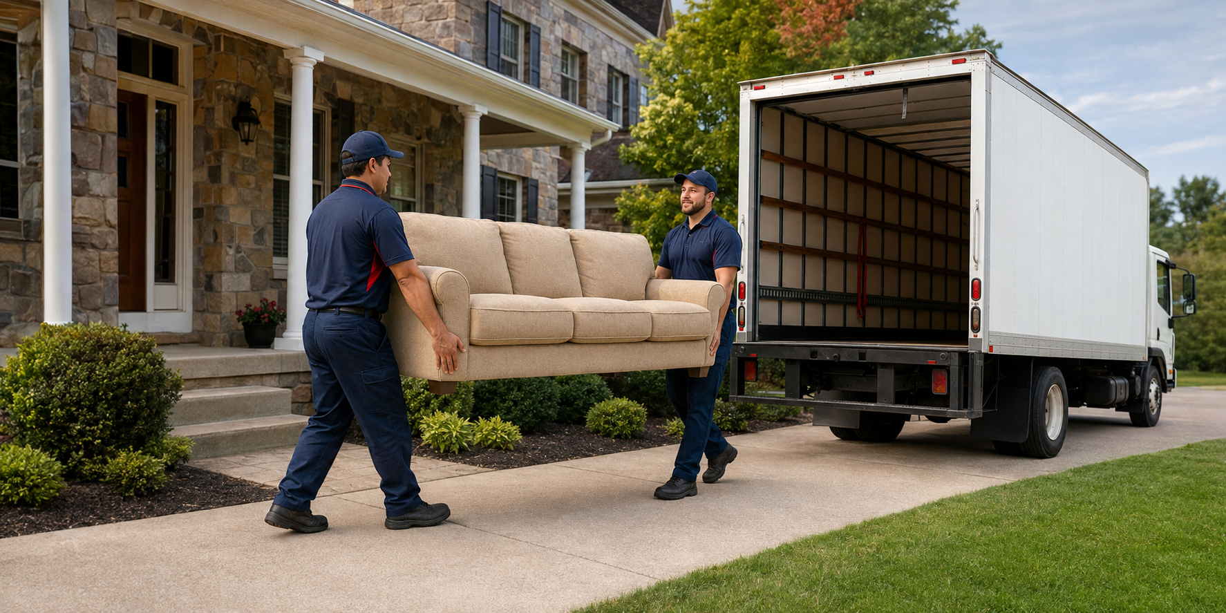 Professional movers carrying a sofa to a moving truck