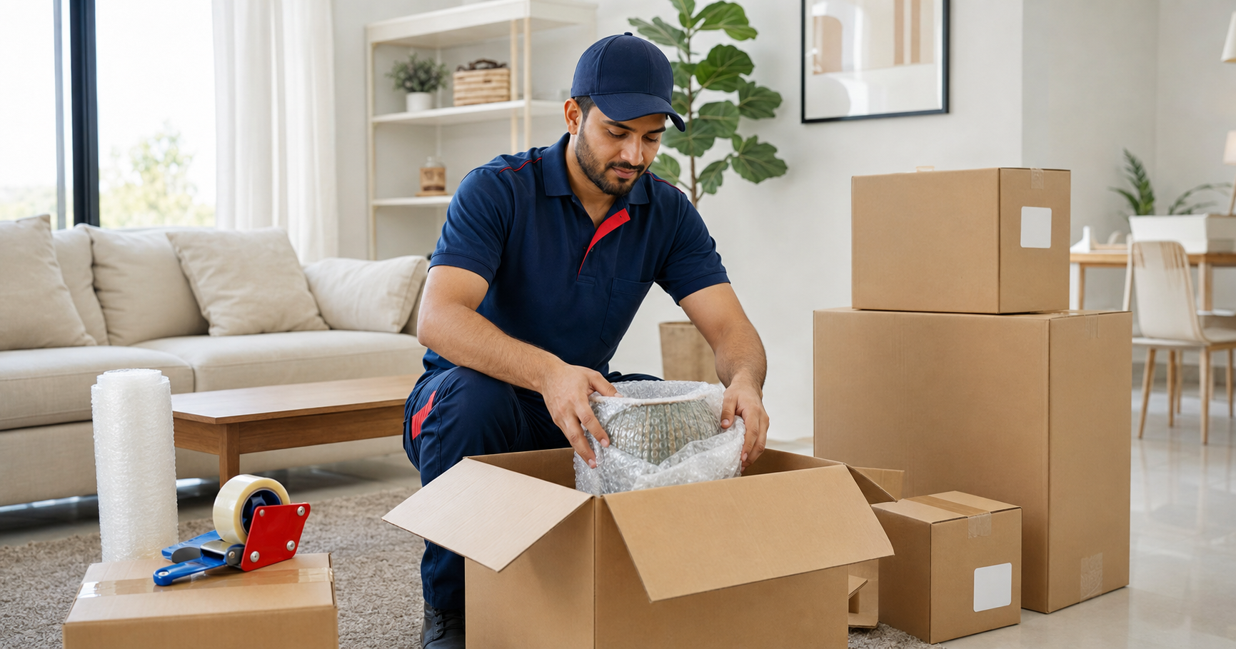 Professional mover carefully packing household items