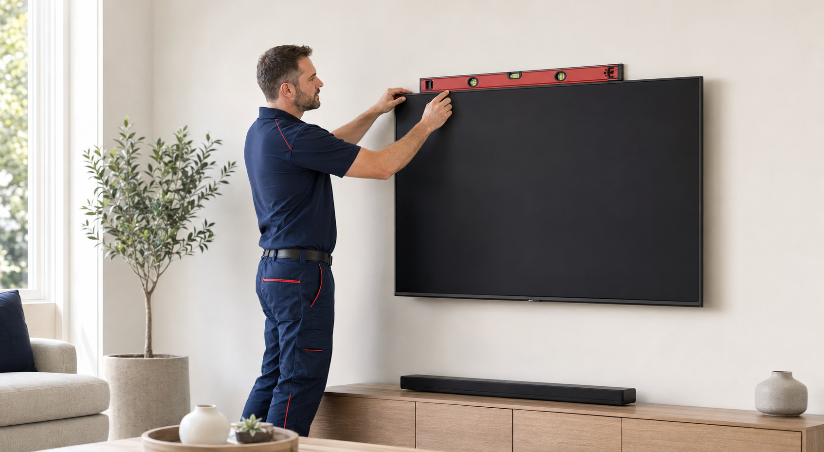 Professional installer mounting a television