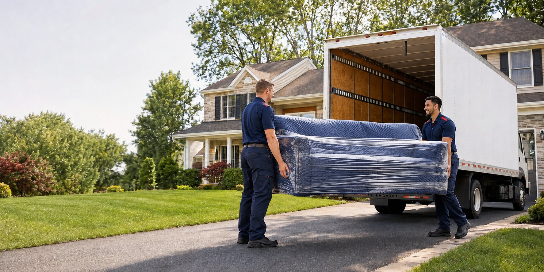 Two professional movers carrying a sofa protected with moving blankets and stretch wrap beside a 26-foot moving truck