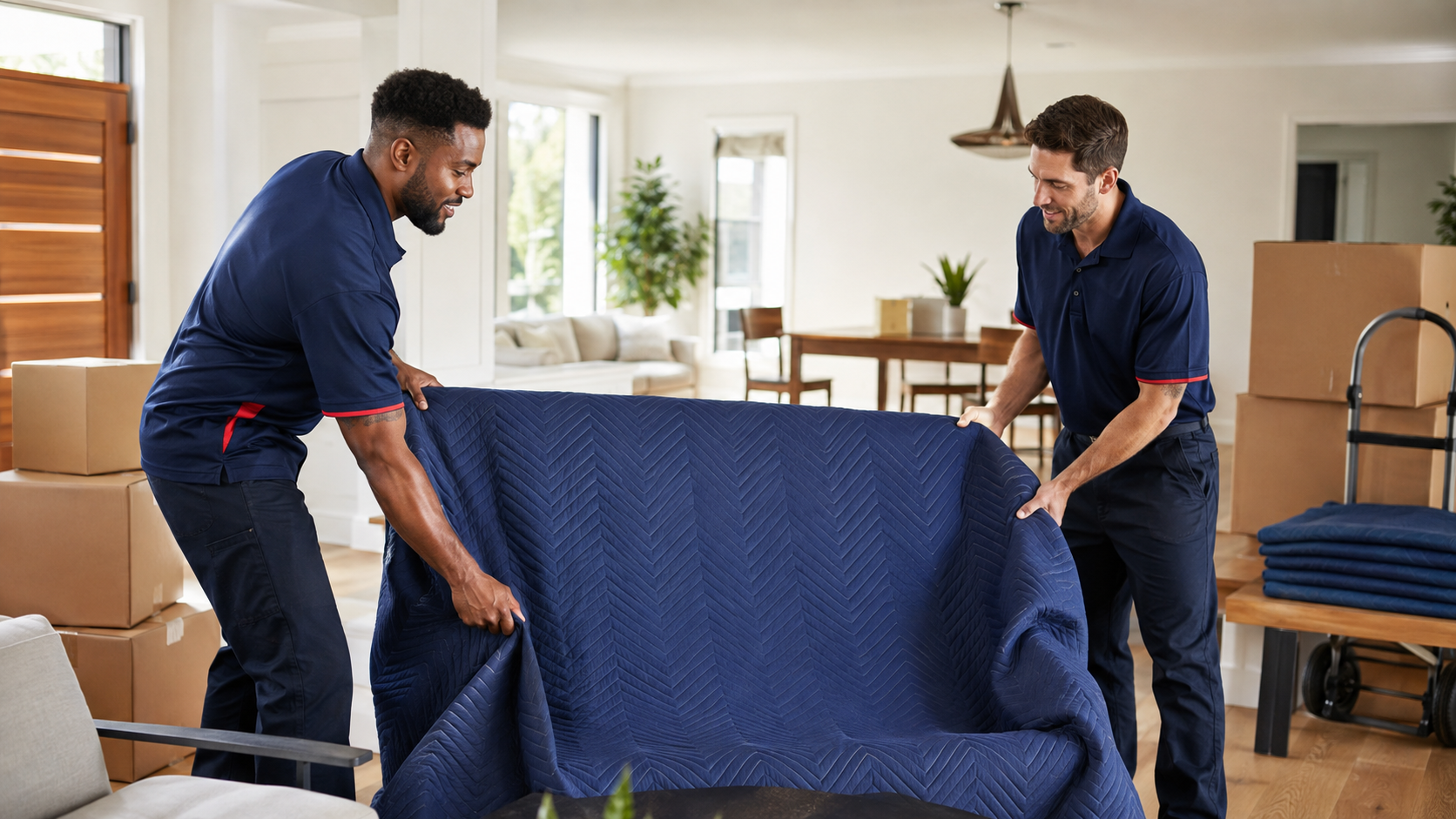 Two professional movers carefully protecting furniture with a moving blanket